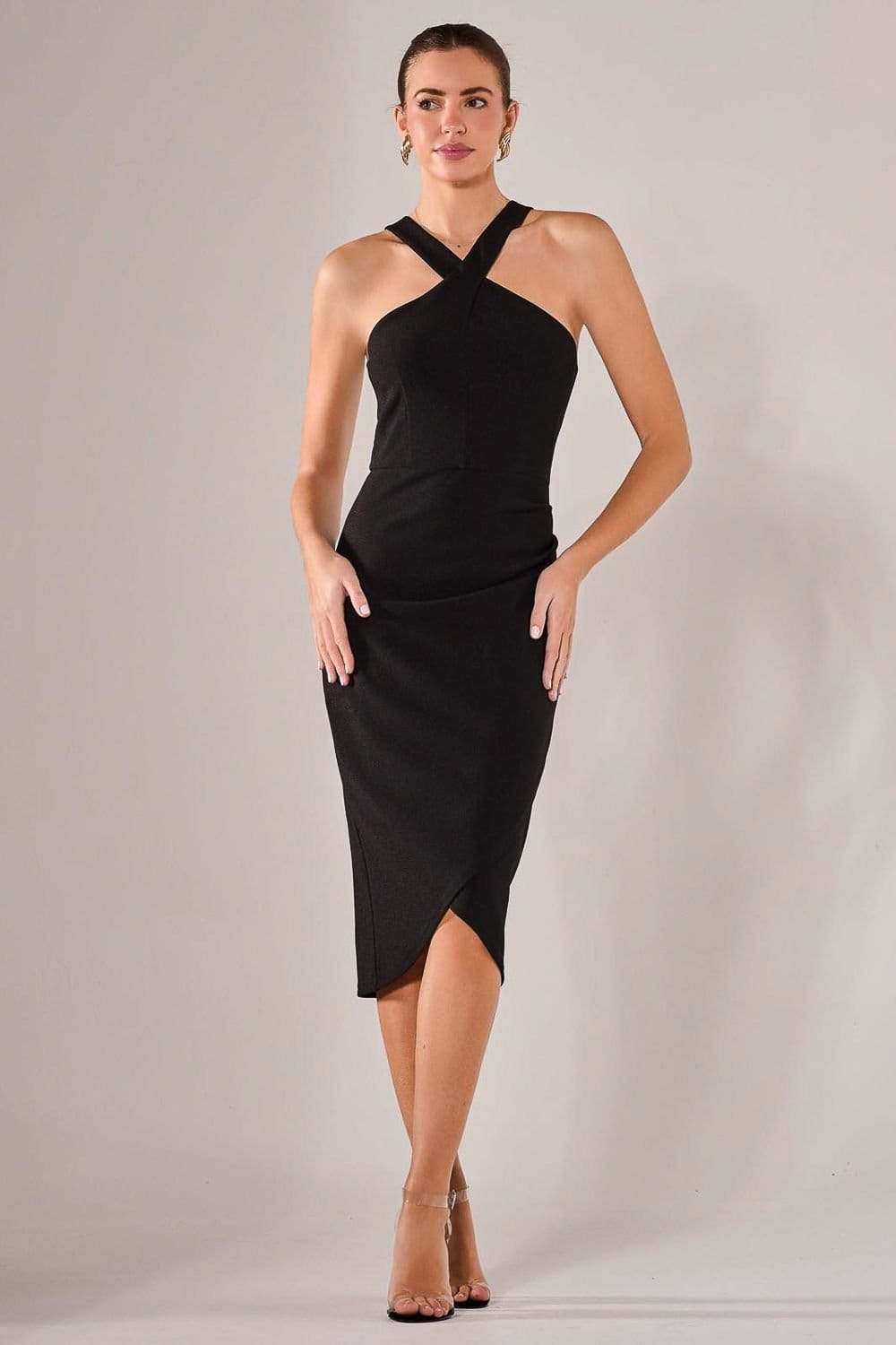 Jolie Moi Jolie Moi Women's Cross Over Halter Neck Midi Dress in Black - 4