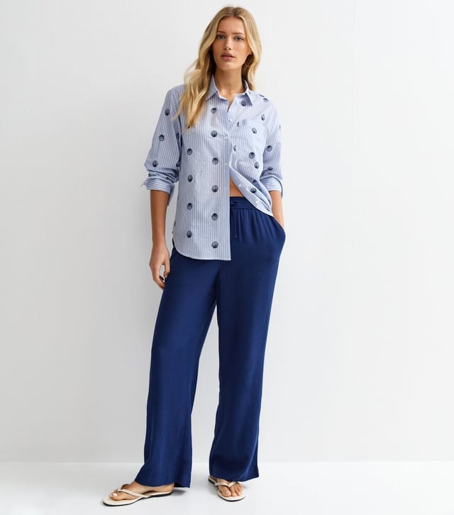 New Look Women's Navy Linen Look Wide Leg Drawstring Trousers New Look - 2