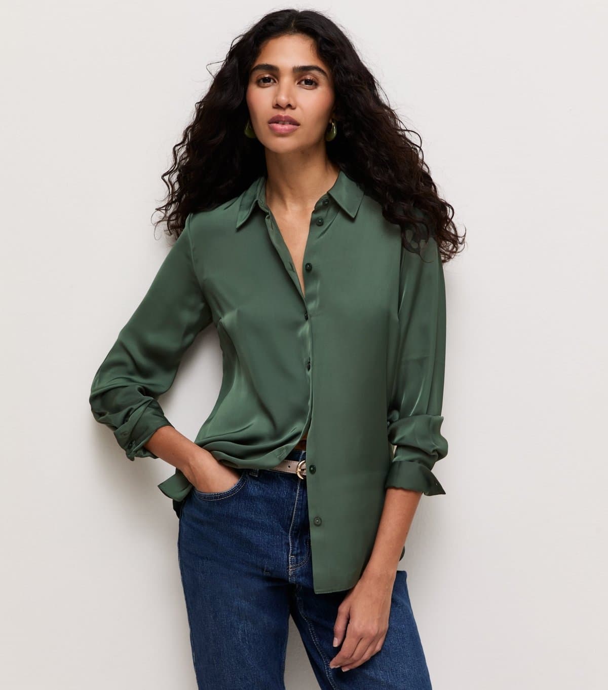 New Look Women's Green Satin Long Sleeve Shirt New Look