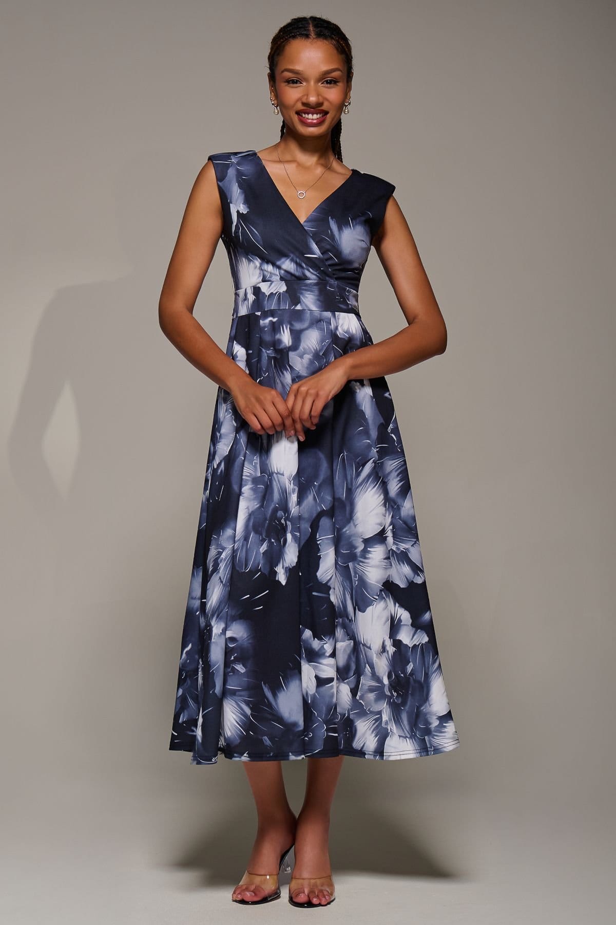 Jolie Moi Jolie Moi Women's V-Neck Fit & Flare Scuba Midaxi Dress in Dark Navy - 4