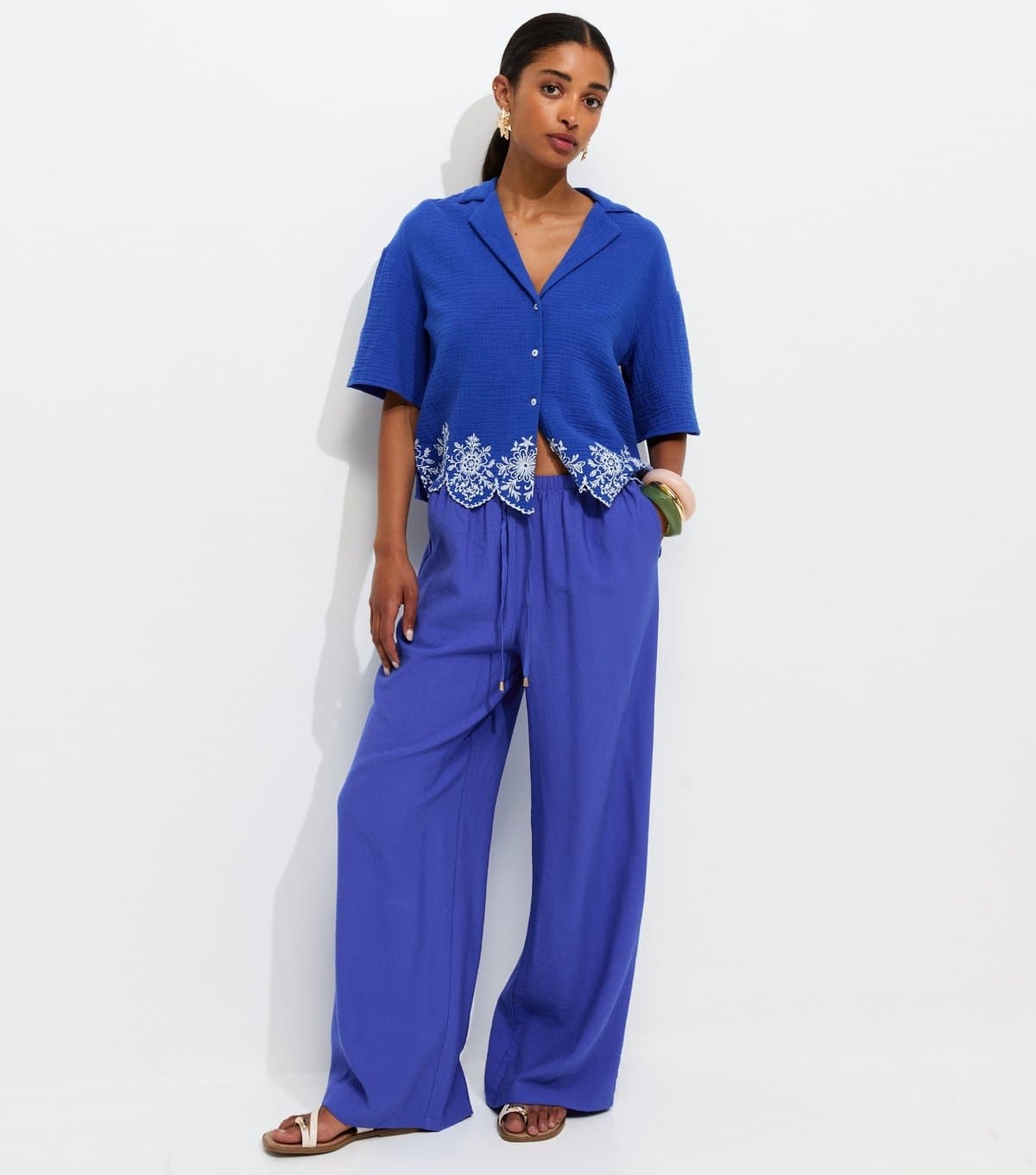 New Look Women's Bright Blue Drawstring Wide Leg Trousers New Look