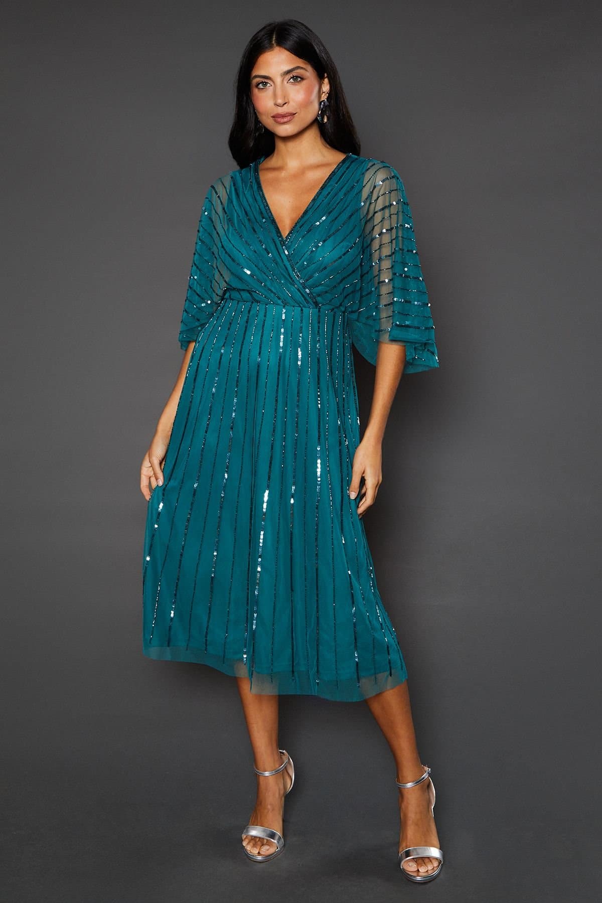 Wallis Wallis Women's Petite Occasion Embellished Sequin Cape Midi Dress in Green