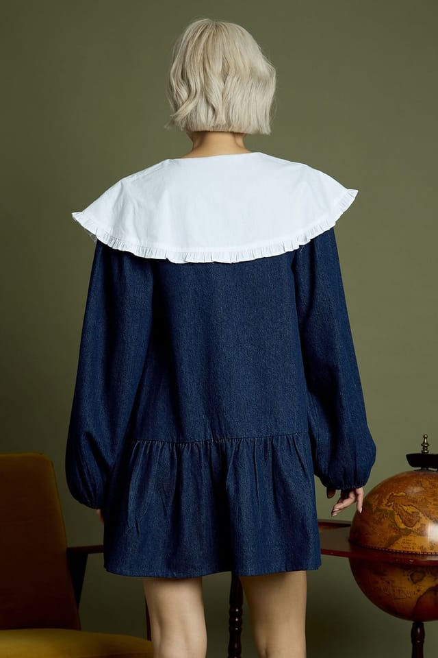 Neon Rose Neon Rose Women's Cotton Denim Oversized Collar Mini Smock Dress in Indigo - 2