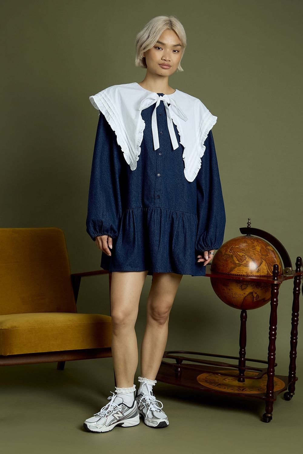 Neon Rose Neon Rose Women's Cotton Denim Oversized Collar Mini Smock Dress in Indigo - 4
