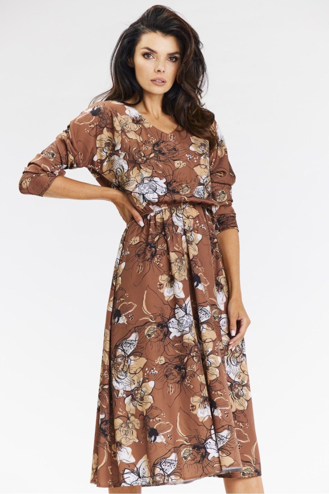 Love Lace Brown Floral Kimono Midi Dress with Roll-Up Sleeves
