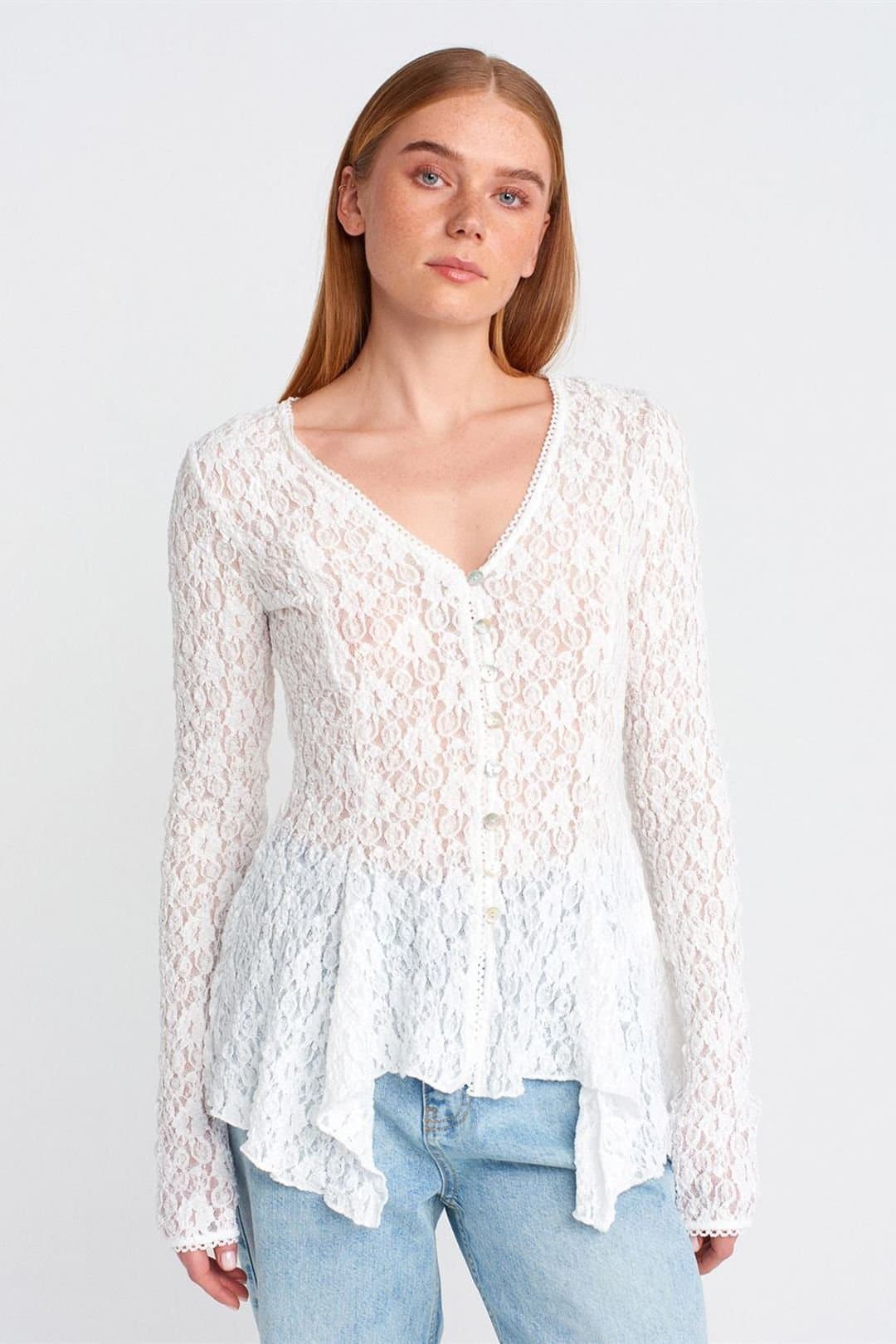 Dilvin Dilvin Women's Lace V-Neck Button Cardigan in White