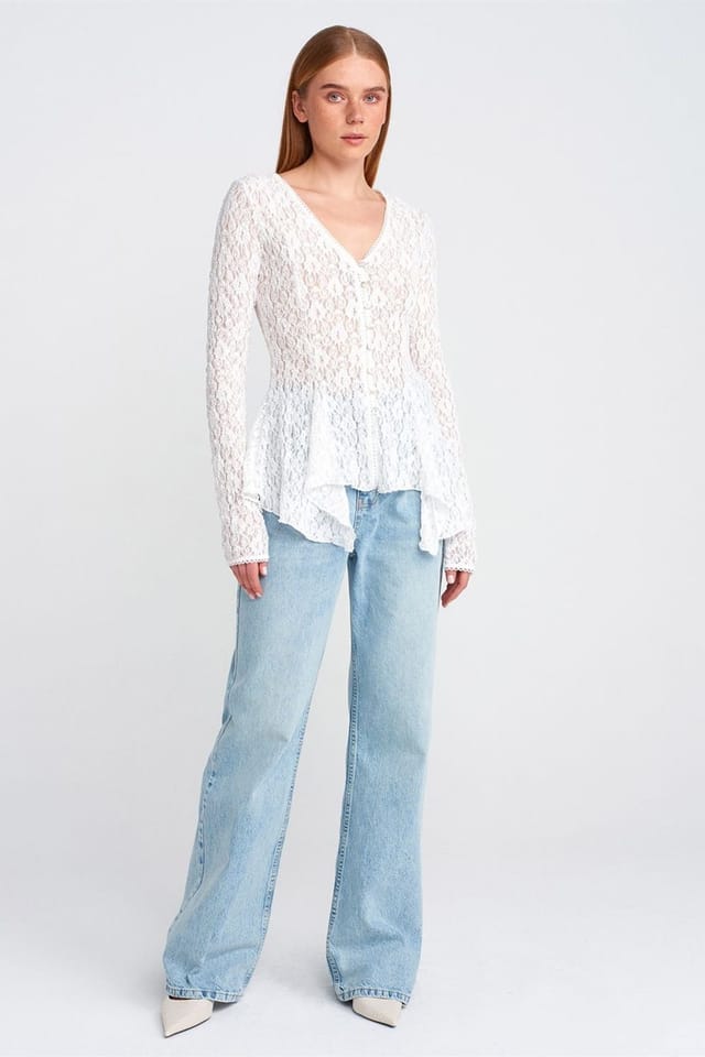 Dilvin Dilvin Women's Lace V-Neck Button Cardigan in White - 3