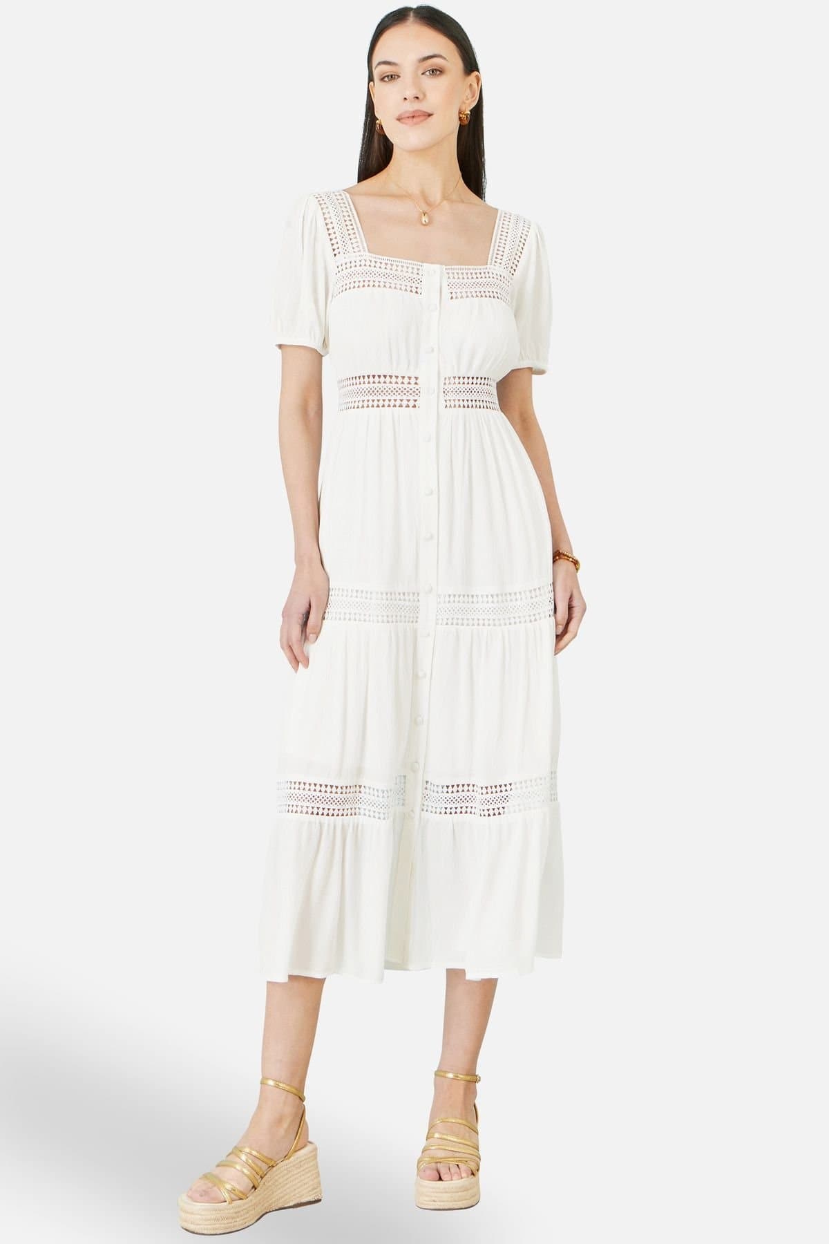Yumi Yumi Women's White Cotton Square Neckline Lace Midi Dress