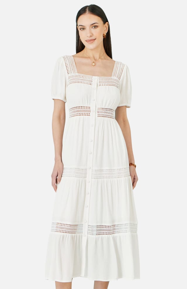 Yumi Yumi Women's White Cotton Square Neckline Lace Midi Dress - 2