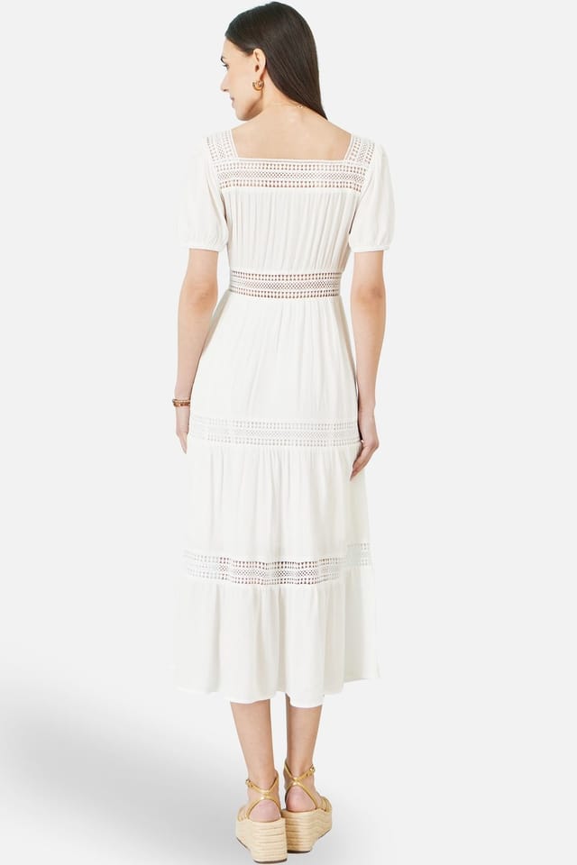 Yumi Yumi Women's White Cotton Square Neckline Lace Midi Dress - 3