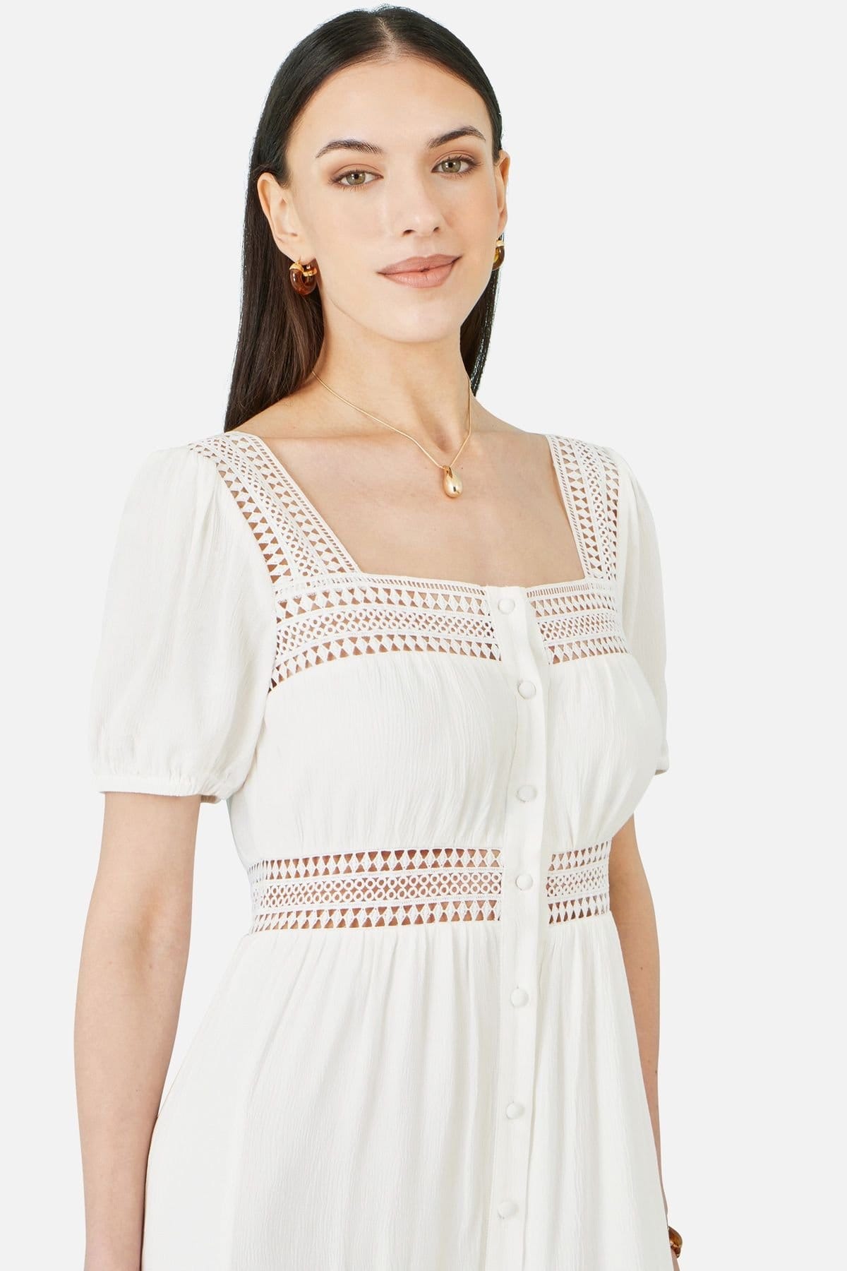 Yumi Yumi Women's White Cotton Square Neckline Lace Midi Dress - 4