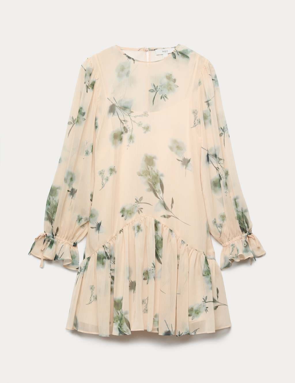 Marks & Spencer M&S Chiffon Floral Mini Drop Waist Dress Ivory Mix