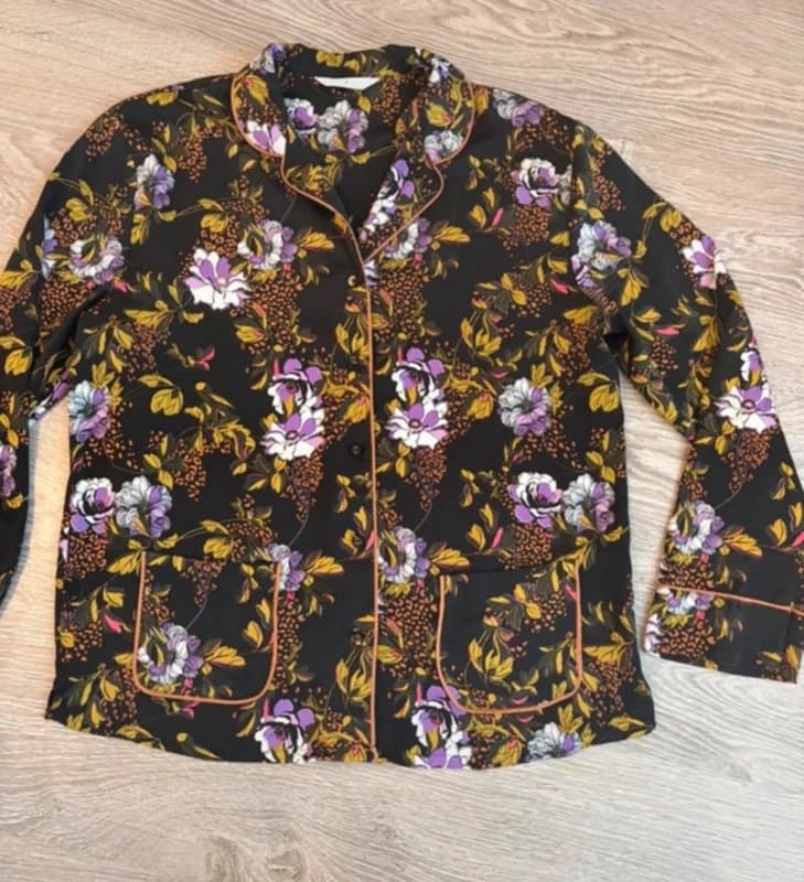 Marks & Spencer M&S Day Dreams Floral Satin Pyjama Set UK 12 Black Purple Print Luxury Loungewear