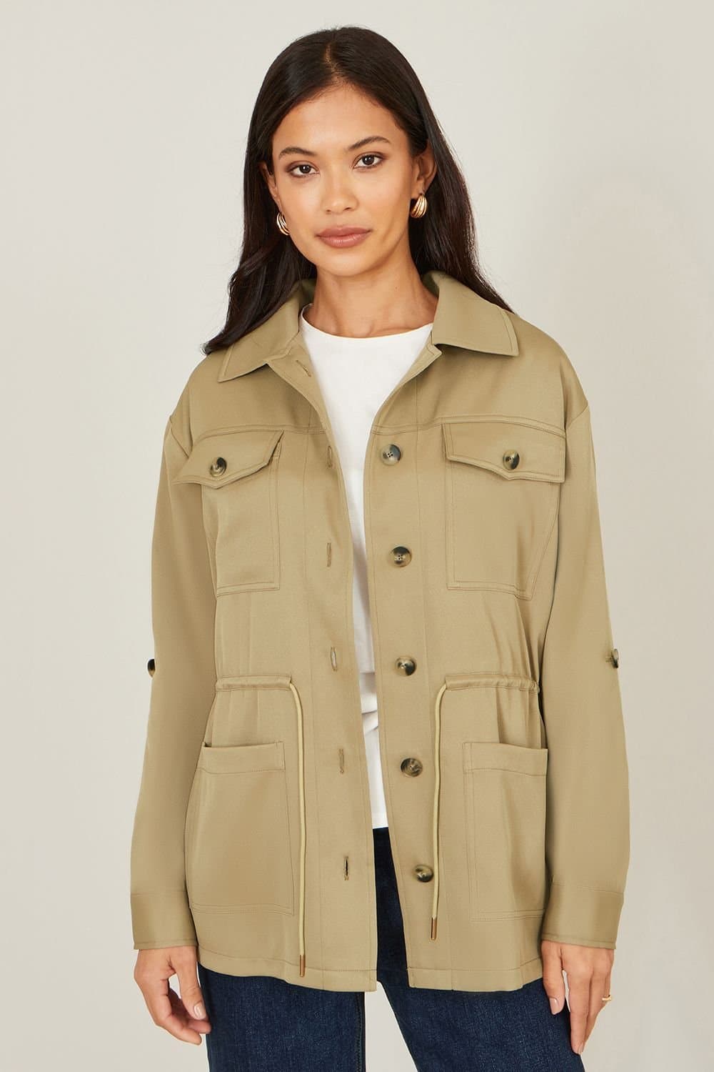 Yumi Yumi Women's Khaki Utility Jacket With Drawstring Waist