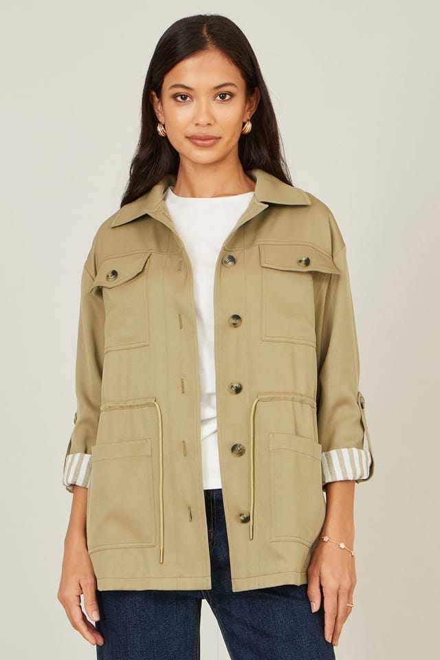 Yumi Yumi Women's Light Khaki Utility Jacket With Drawstring Waist & Stripe Lining - 2