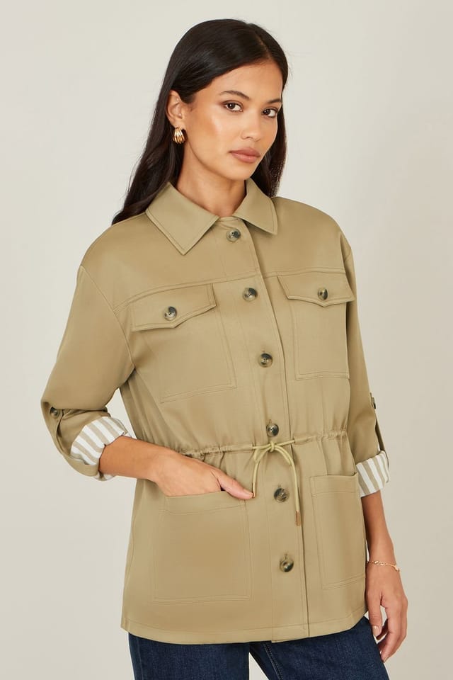 Yumi Yumi Women's Light Khaki Utility Jacket With Drawstring Waist & Stripe Lining - 3