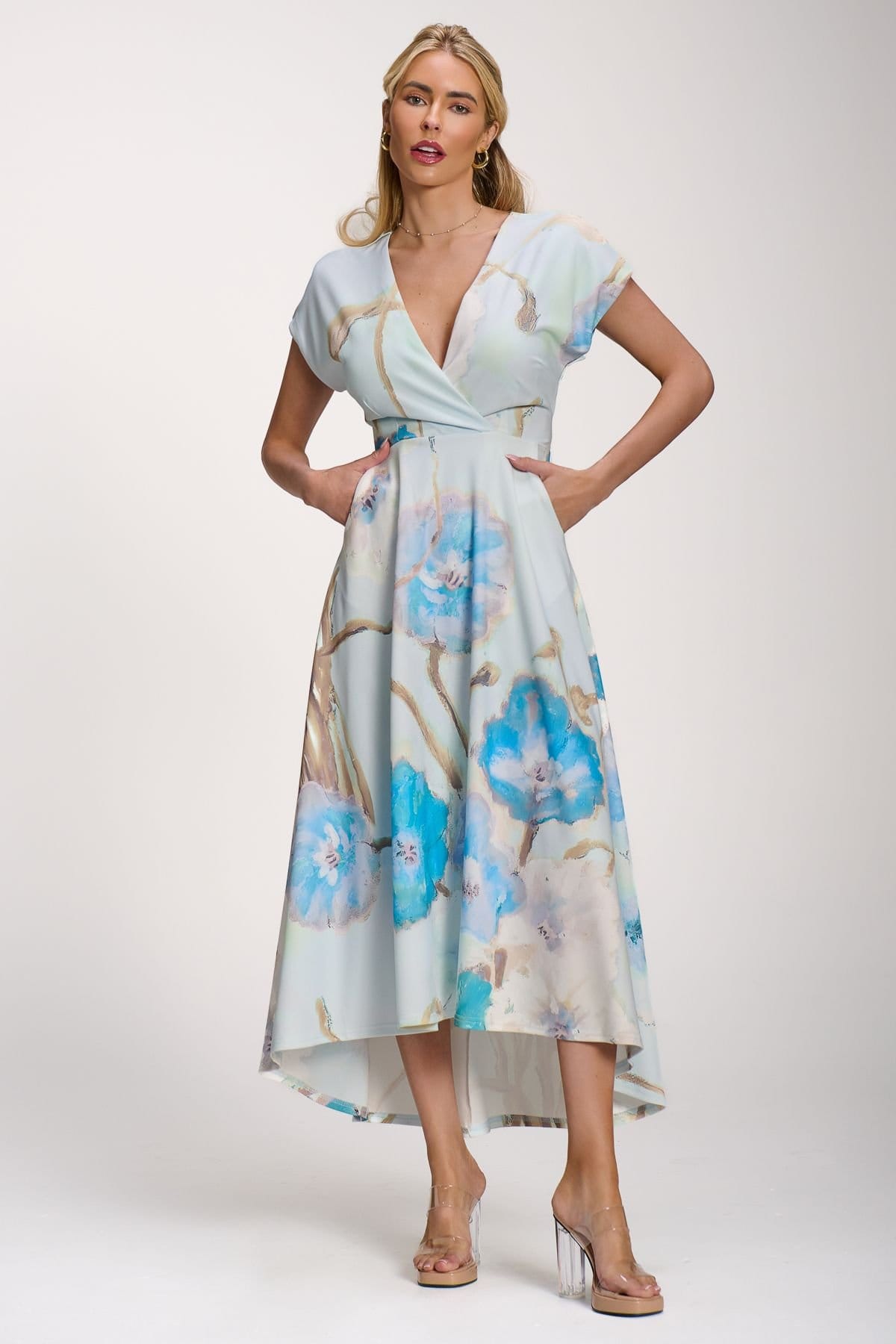 Jolie Moi Jolie Moi Women's Printed Scuba Dipped Hem Midi Dress in Pale Blue - 4