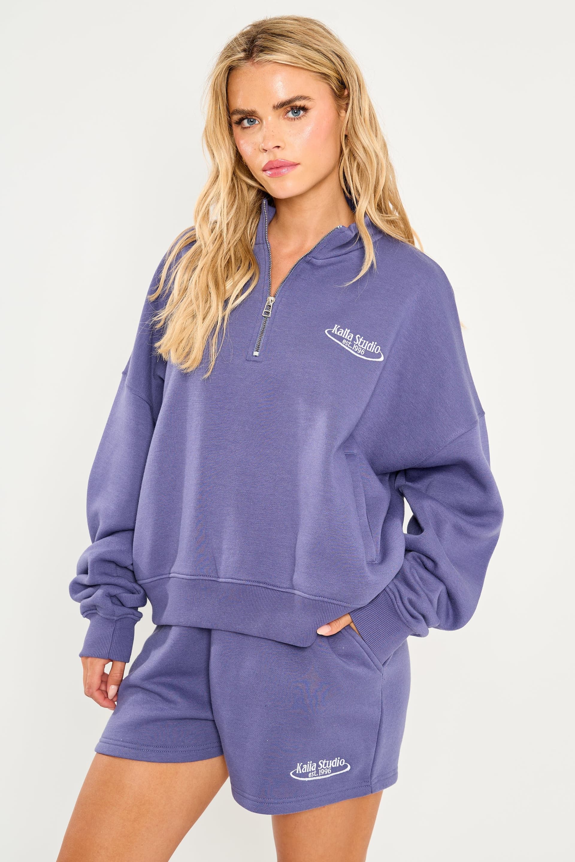 Kaiia Kaiia Light Navy Logo Quarter Zip Sweatshirt