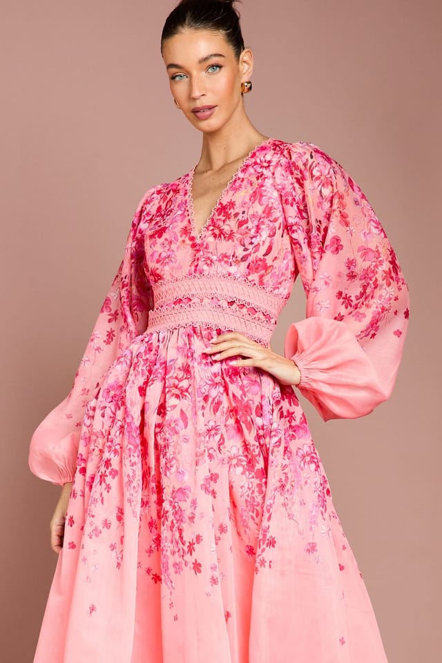Coast Coast Women's Organza Floral Placement Lace Trim Midaxi Dress in Pink - 2