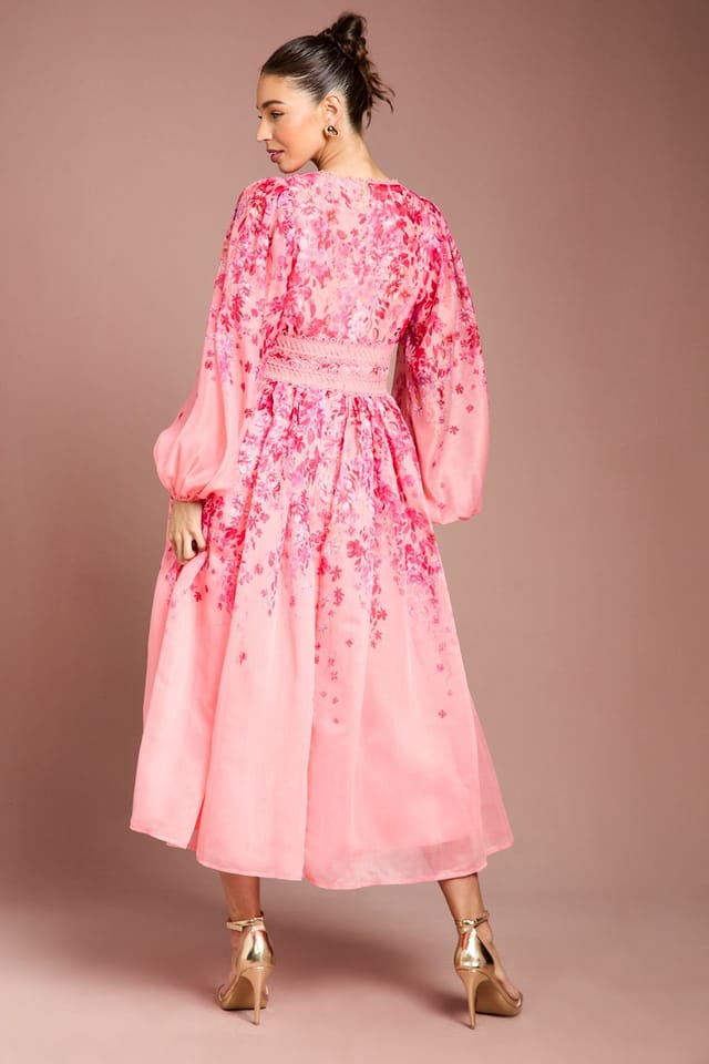 Coast Coast Women's Organza Floral Placement Lace Trim Midaxi Dress in Pink - 3