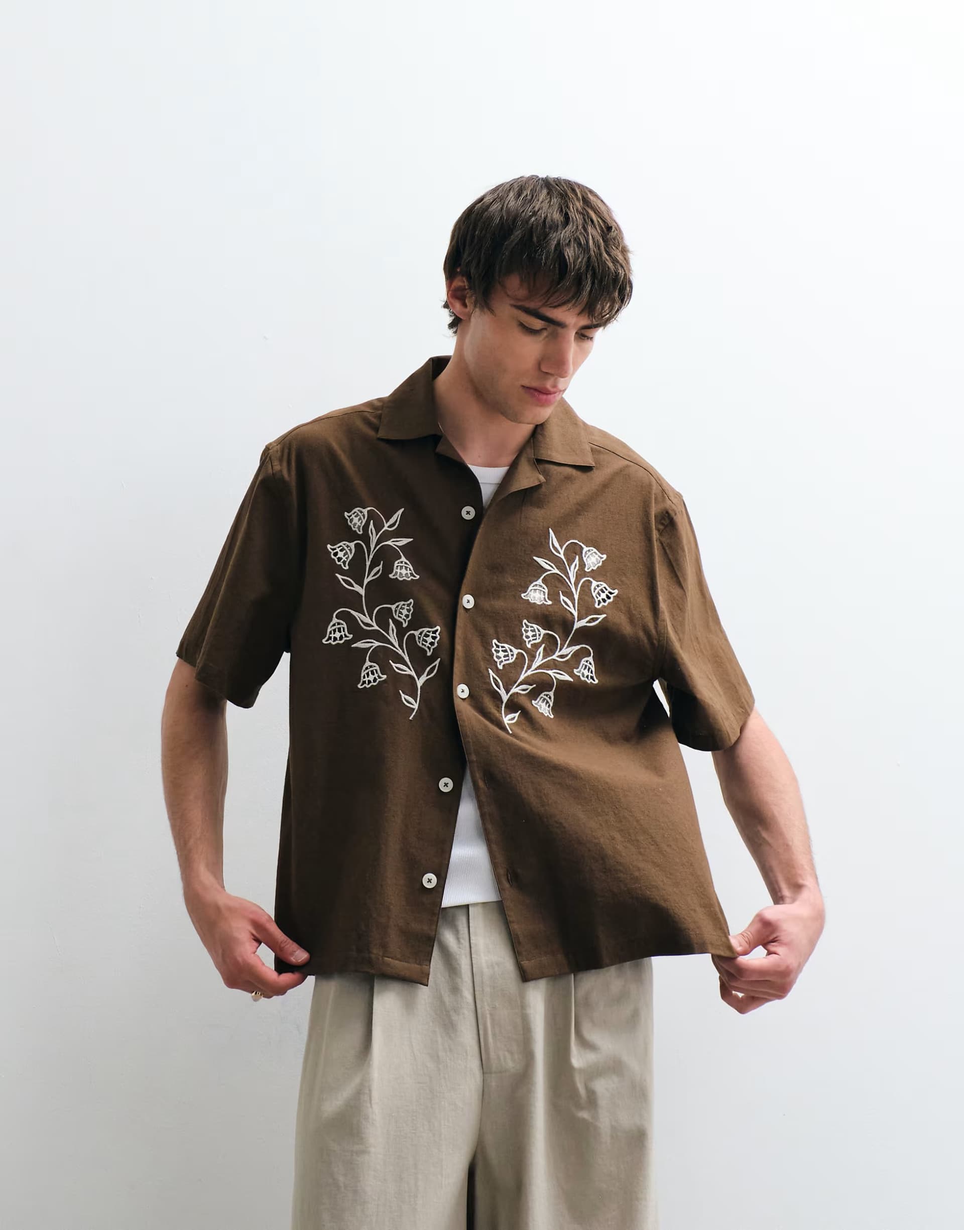 ASOS ASOS COLLECTIVE relaxed cotton embroidered shirt with linen in brown
