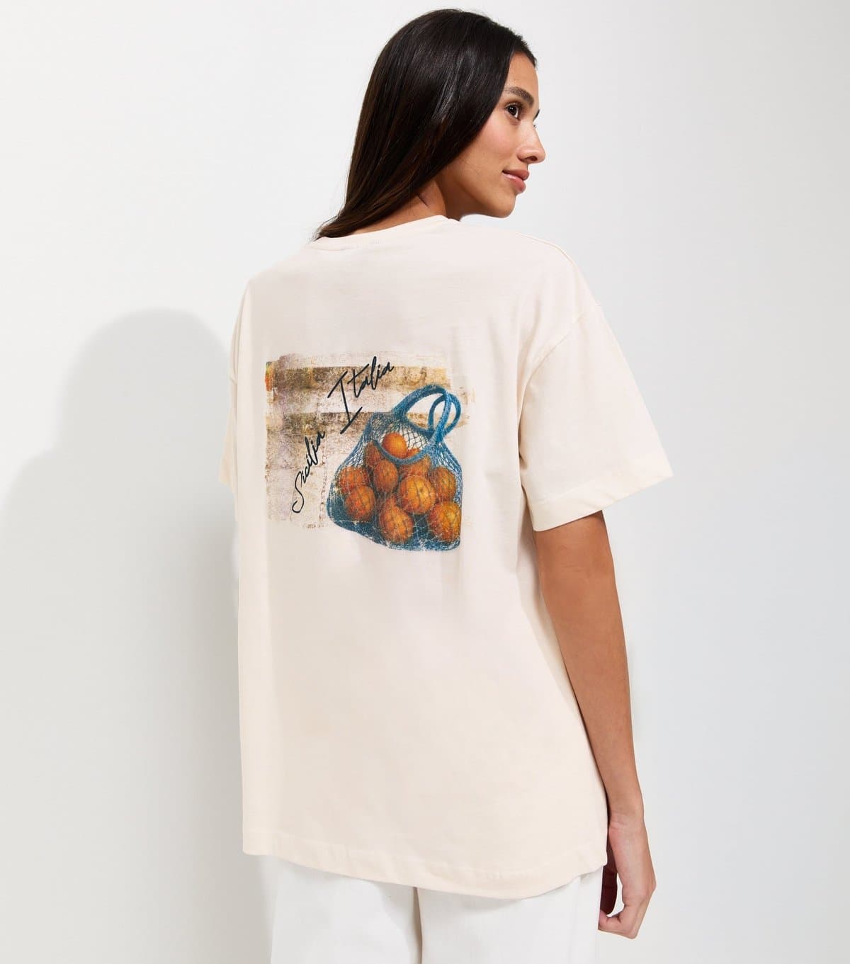 New Look Women's Off White Cotton Orange Print Oversized T-Shirt New Look
