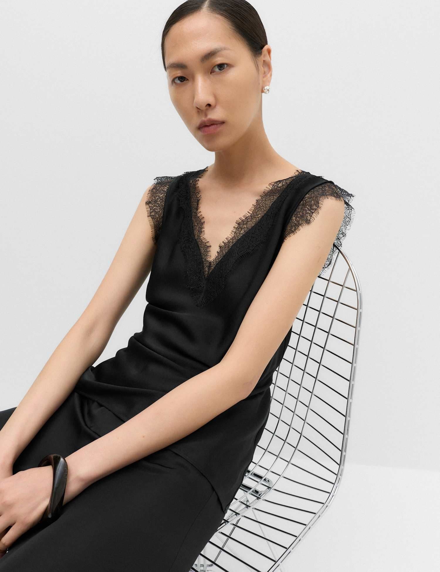 Marks & Spencer M&S Satin V-Neck Lace Insert Cami Top Black
