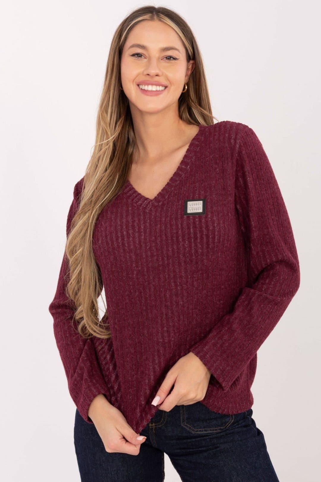 Love Lace Love Lace Women's Cotton Elastane V Neck Ribbed Sweater in Red