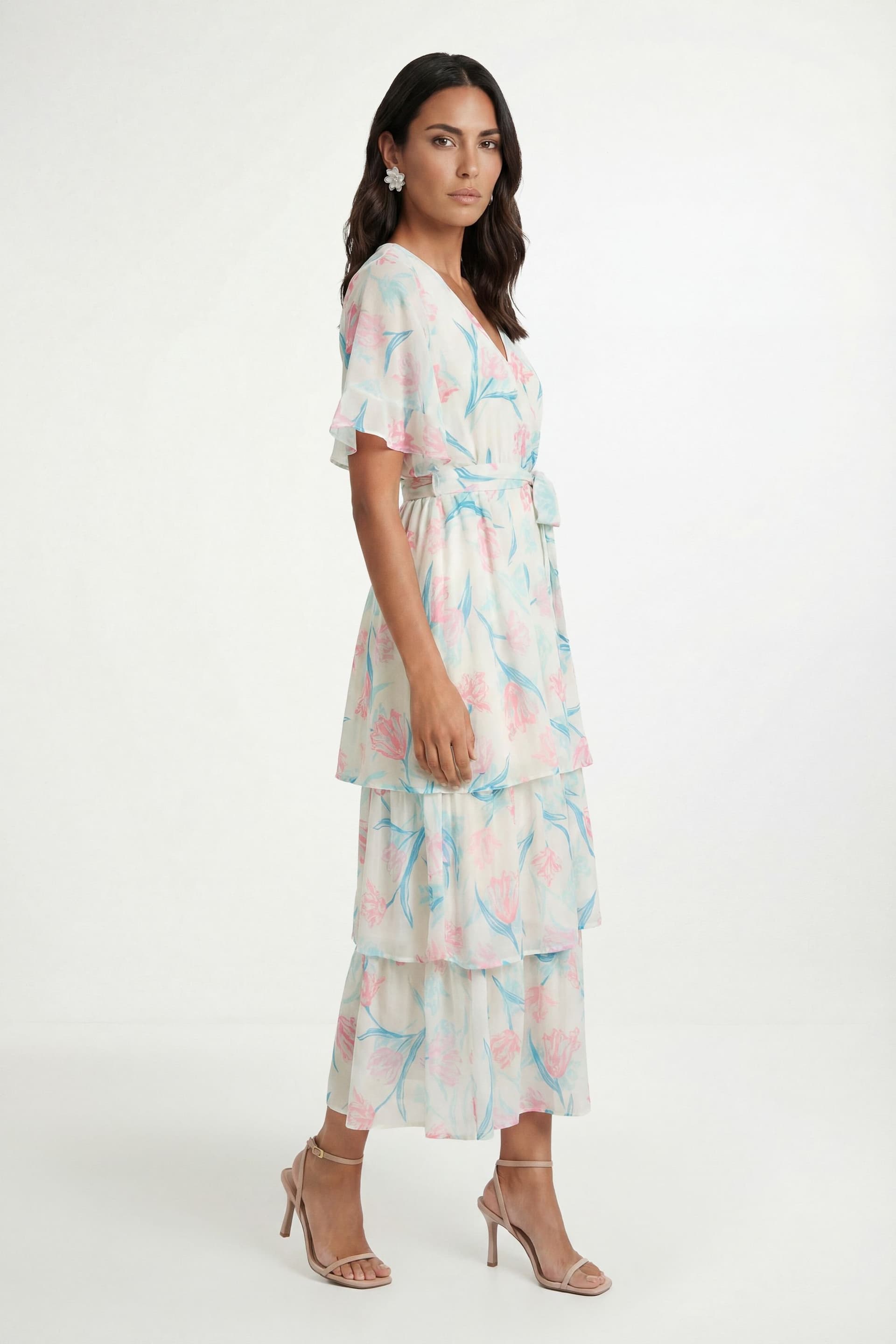 Wallis Wallis Women's Petite Floral Print Ruffle MAXI Dress in Ivory