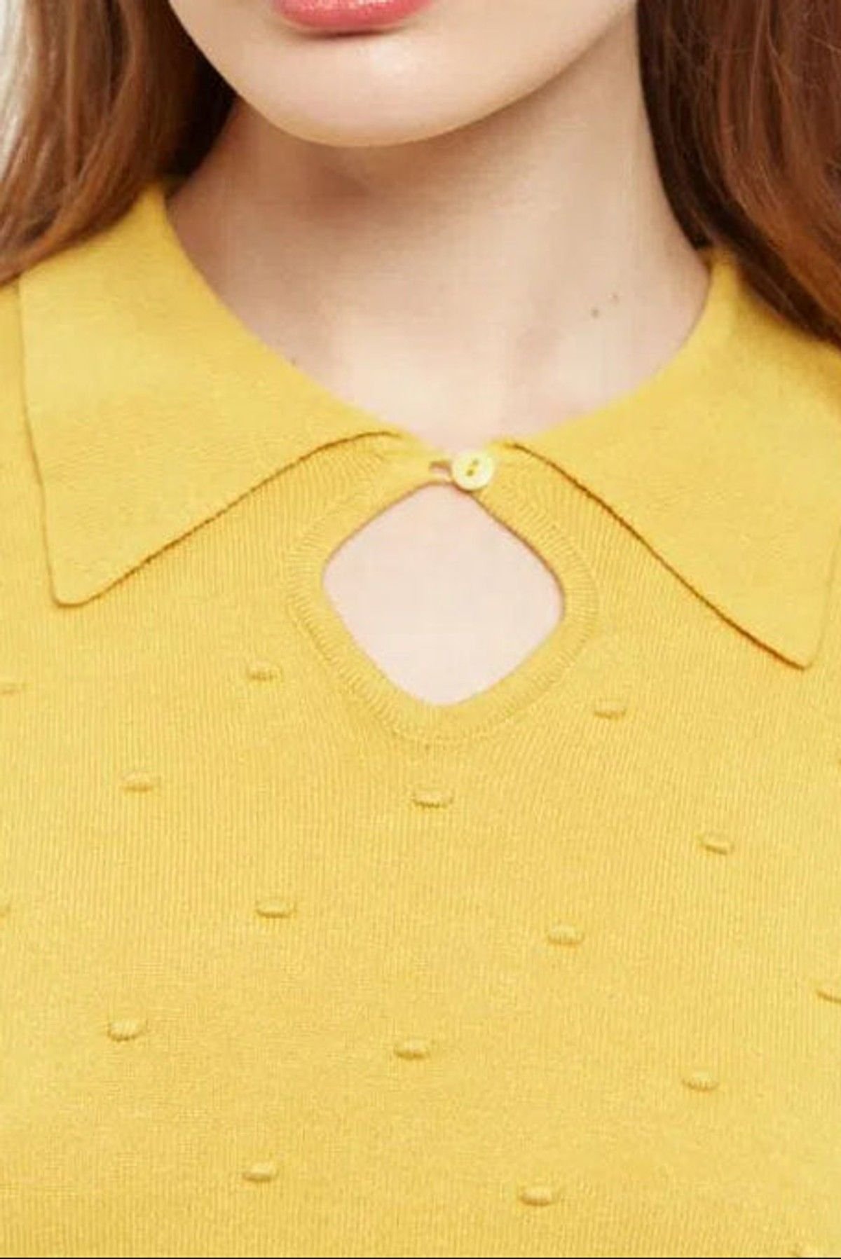 Louche Louche Women's Josephina Raindrops Textured Short Sleeve Collared Sweater Mustard in Yellow - 3