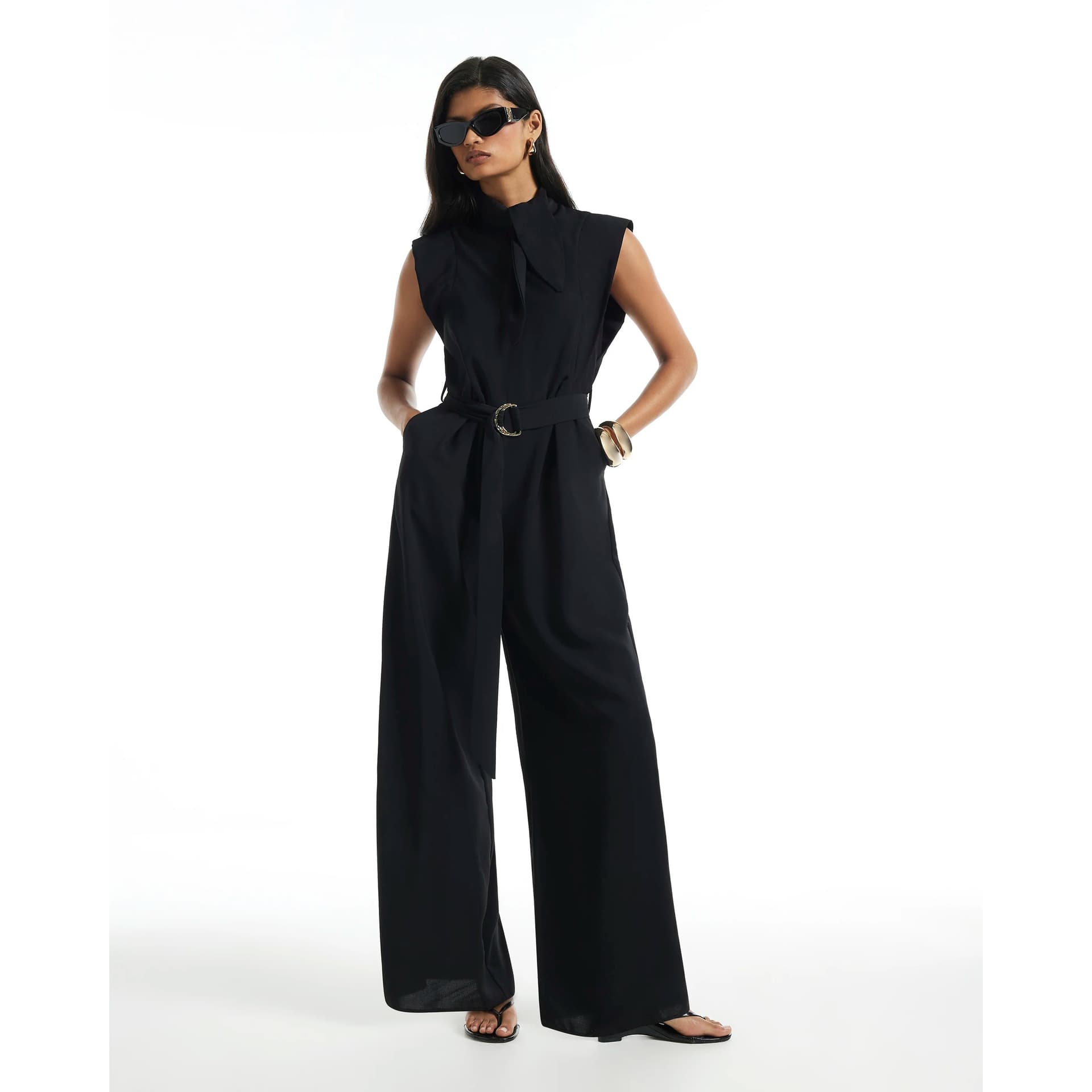 River Island River Island Womens Black Neck Tie Jumpsuit