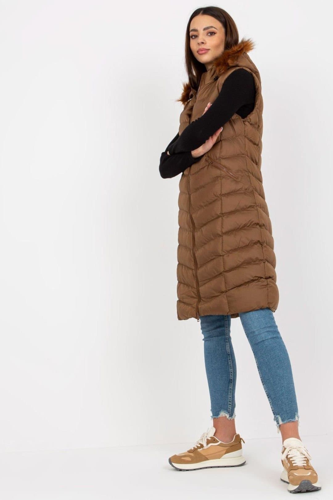 Love Lace Love Lace Women's Long Lined Zip Front Vest with Detachable Hood Style 171690 in Brown