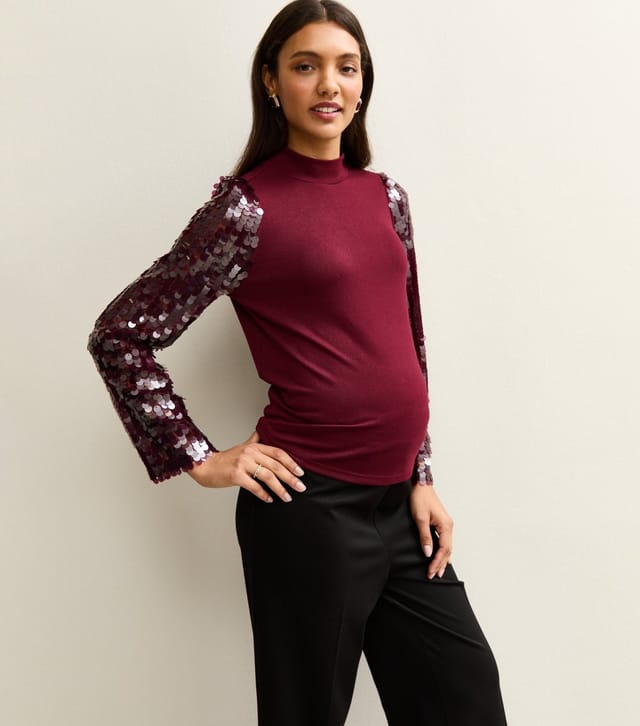 New Look Women's Maternity Burgundy Soft Touch Sequin Sleeve Top New Look - 2