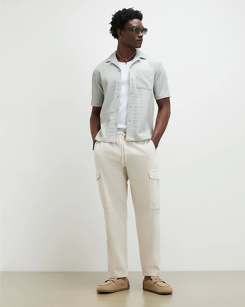 River Island Mens River Island Cream Regular Fit Cargo Trousers