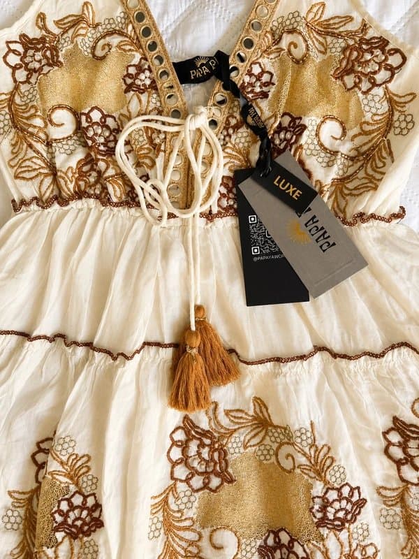 Papa Pia Papa Pia Luxe Embroidered Boho Mini Dress – White & Gold – 100% Viscose – New with Tags