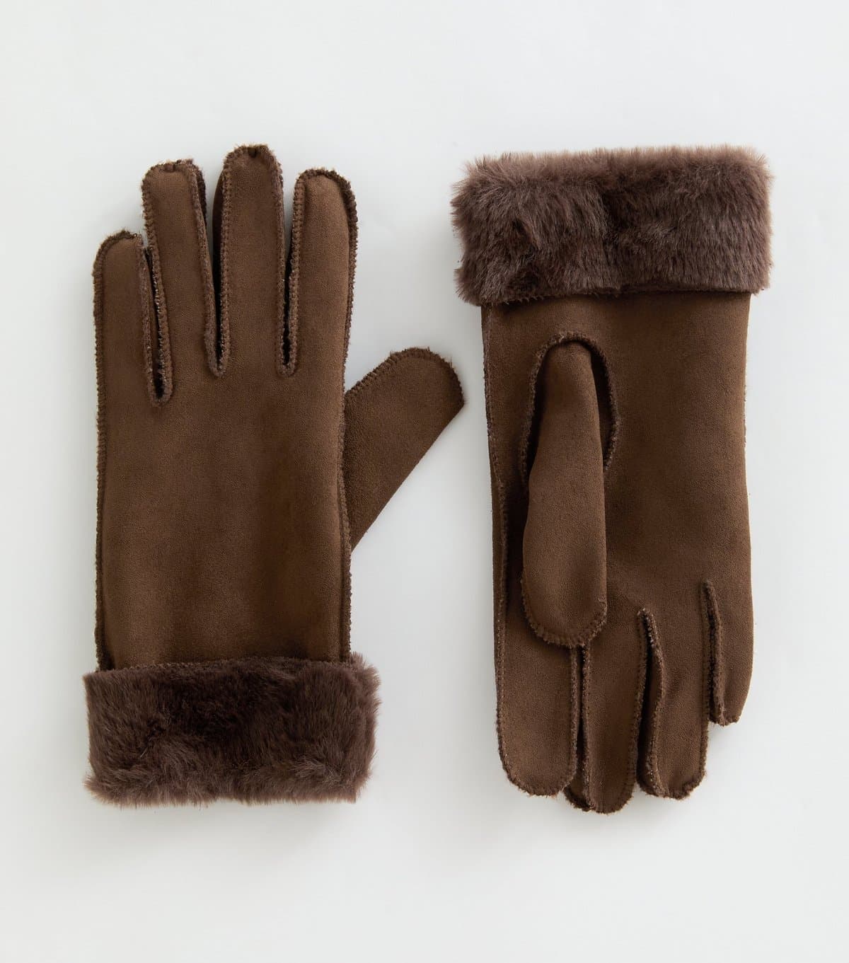 New Look Dark Brown Faux Fur Trimmed Faux Suede Gloves New Look