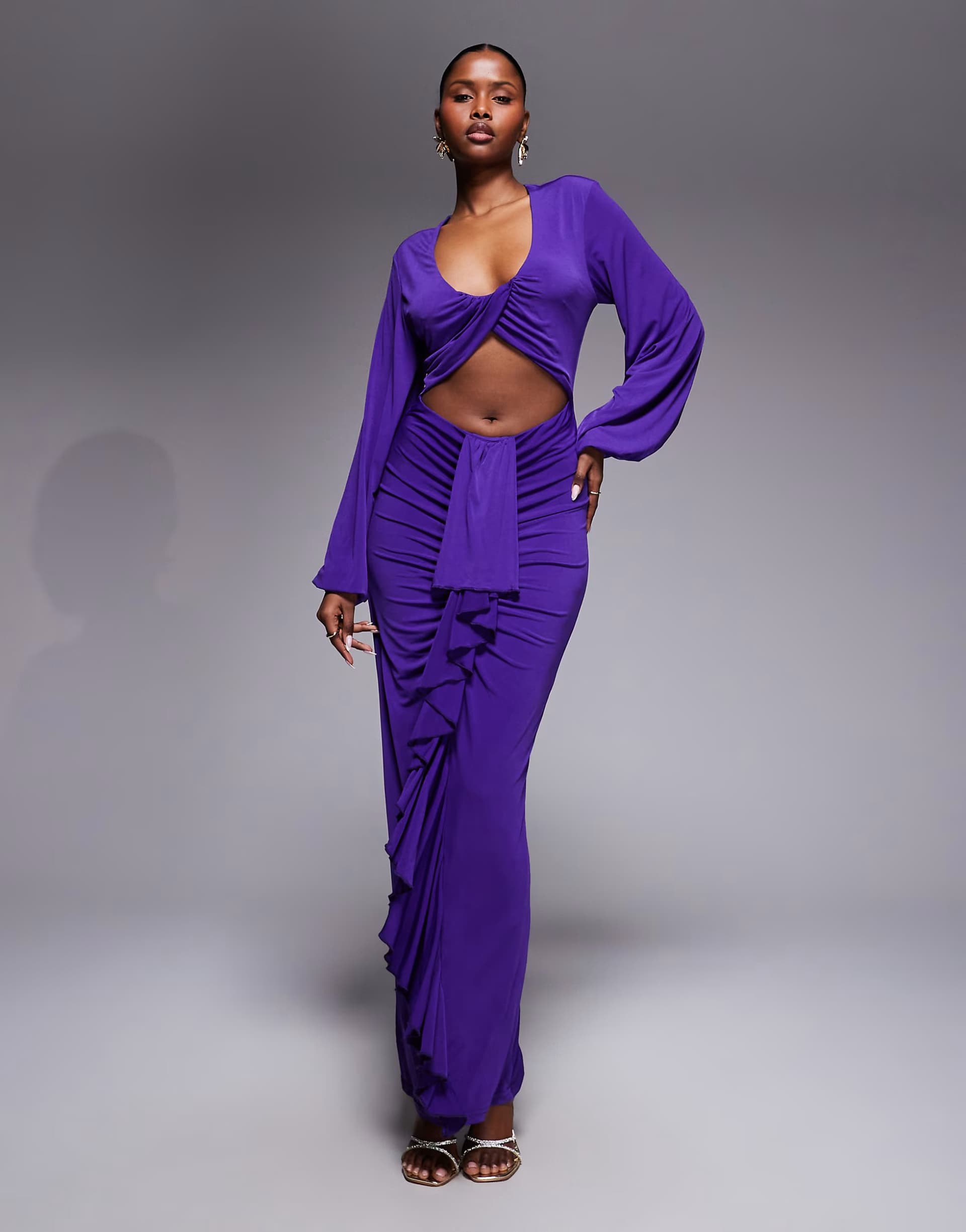 ASOS Ruched & Ready Entered The Chat balloon sleeve cut out detail drape waist maxi dress in purple