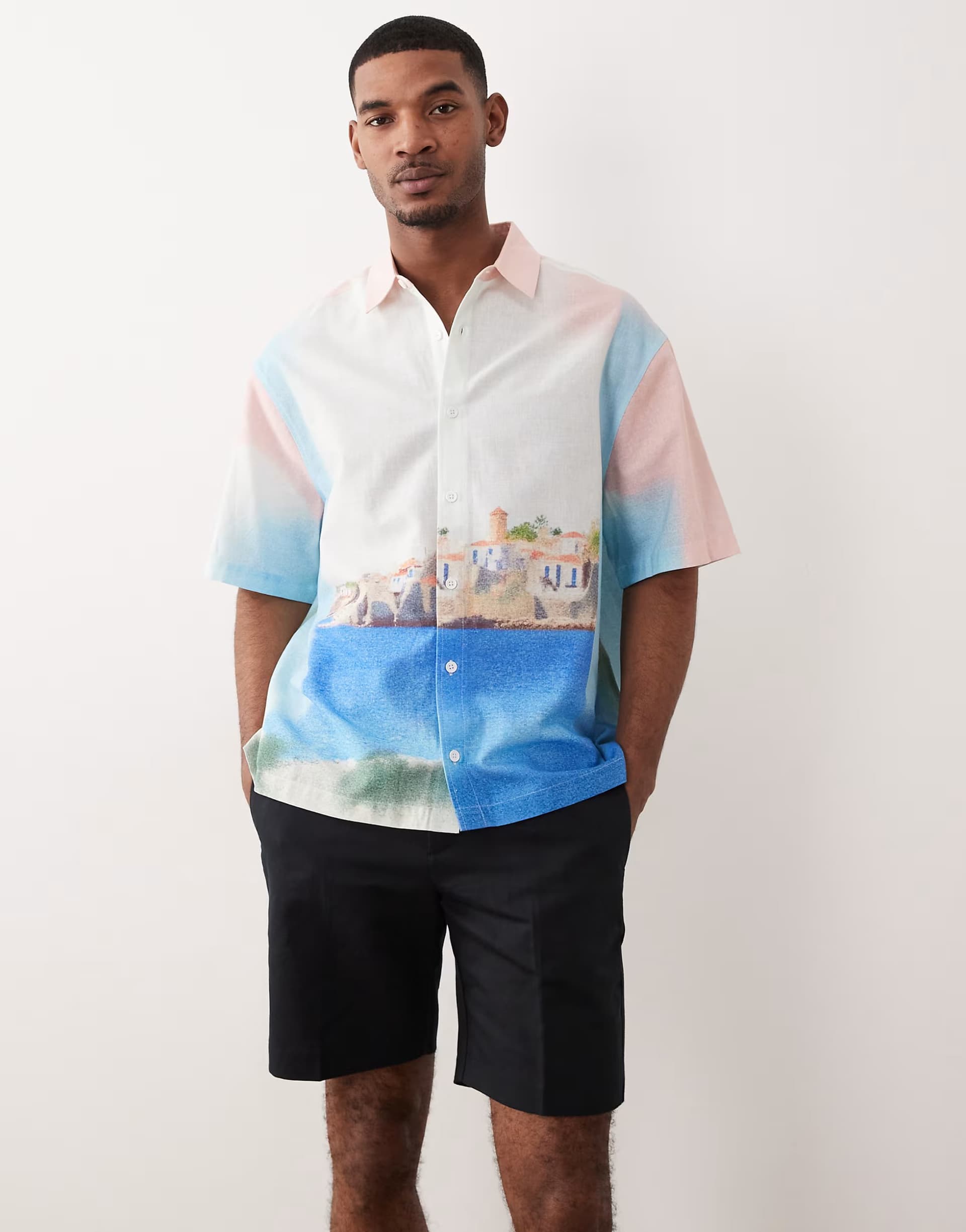 ASOS ASOS DESIGN oversized printed landscape shirt with linen in multi