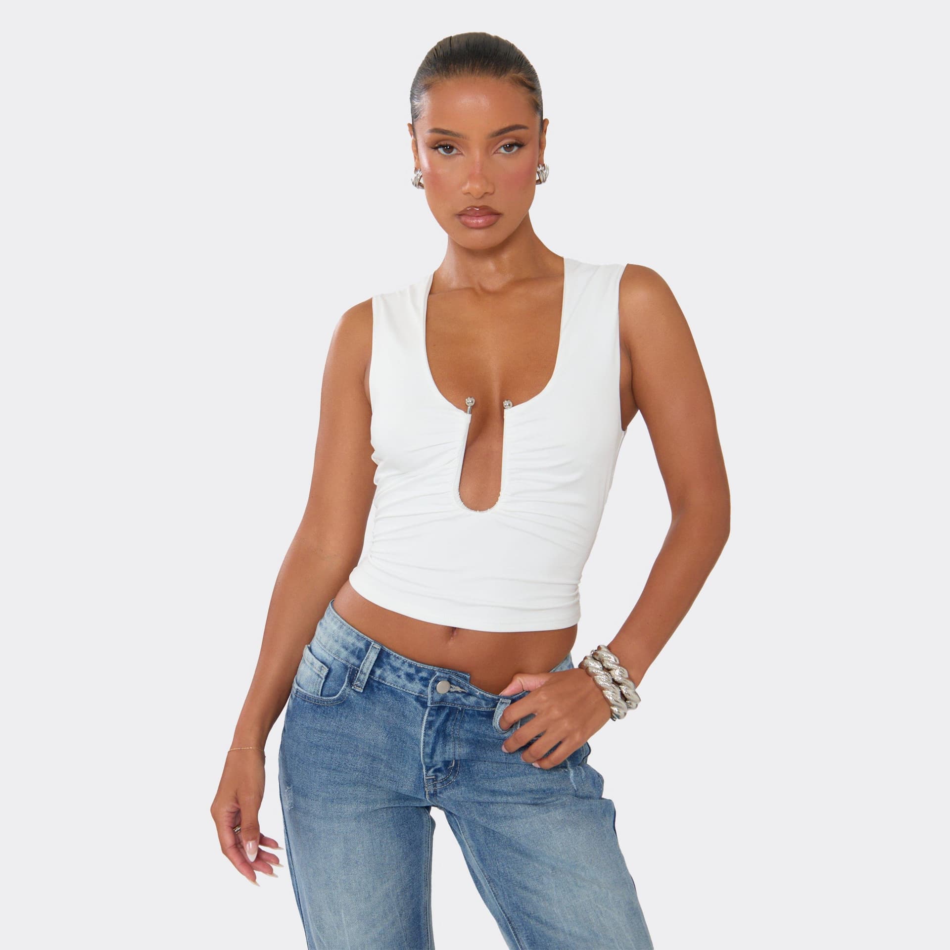EGO EGO White Ruched Scoop Neck Top