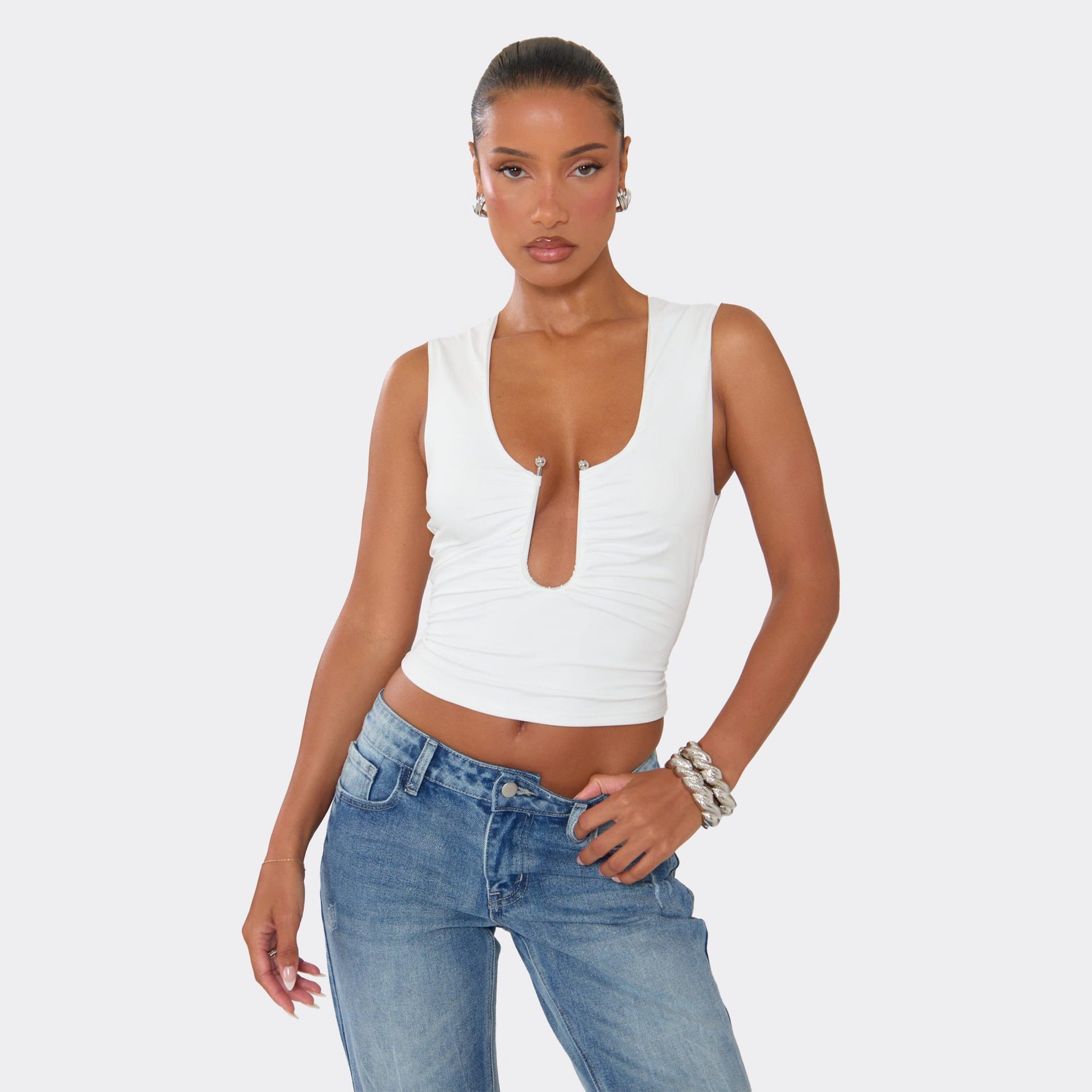 EGO White Ruched Scoop Neck Top