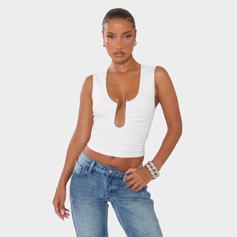 EGO Scoop Neck Trim Detail Ruched Top In White, Women's Size UK 6 - 1