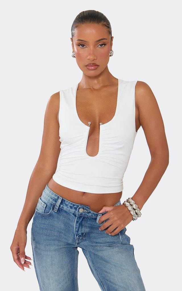 EGO Scoop Neck Trim Detail Ruched Top In White, Women's Size UK 6 - 2