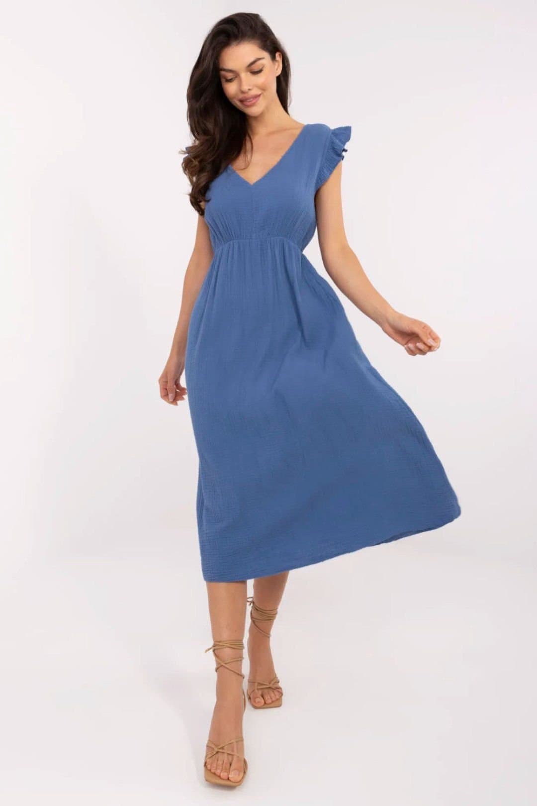 Love Lace Love Lace Women's Cotton Muslin Midi Dress With Tie Back in Blue