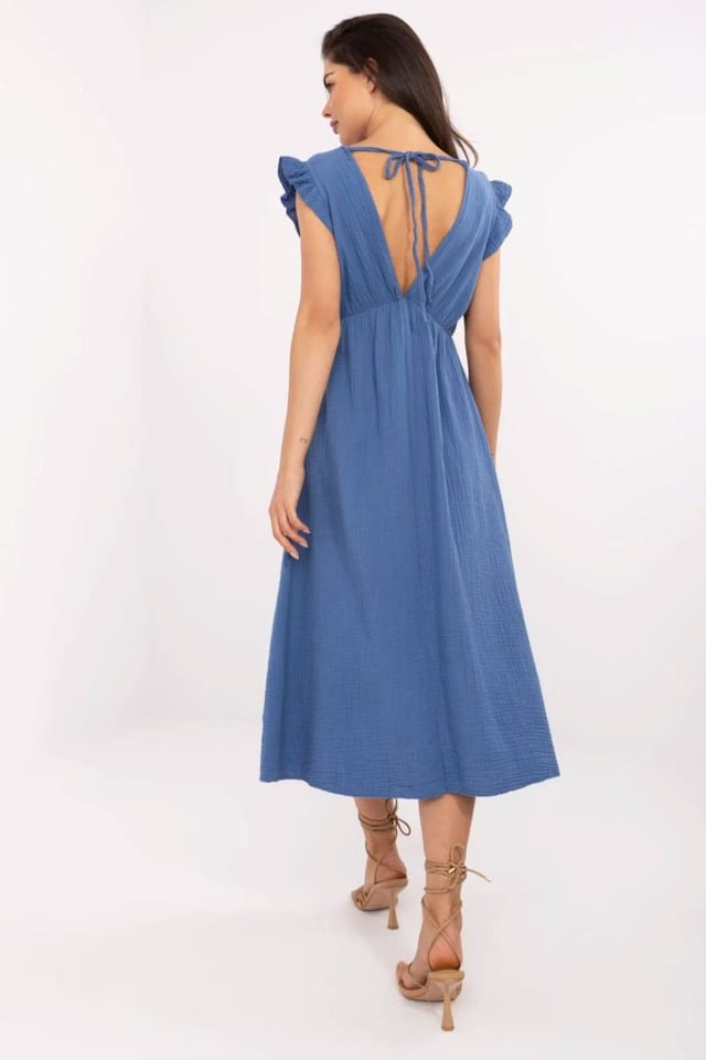 Love Lace Love Lace Women's Cotton Muslin Midi Dress With Tie Back in Blue - 3
