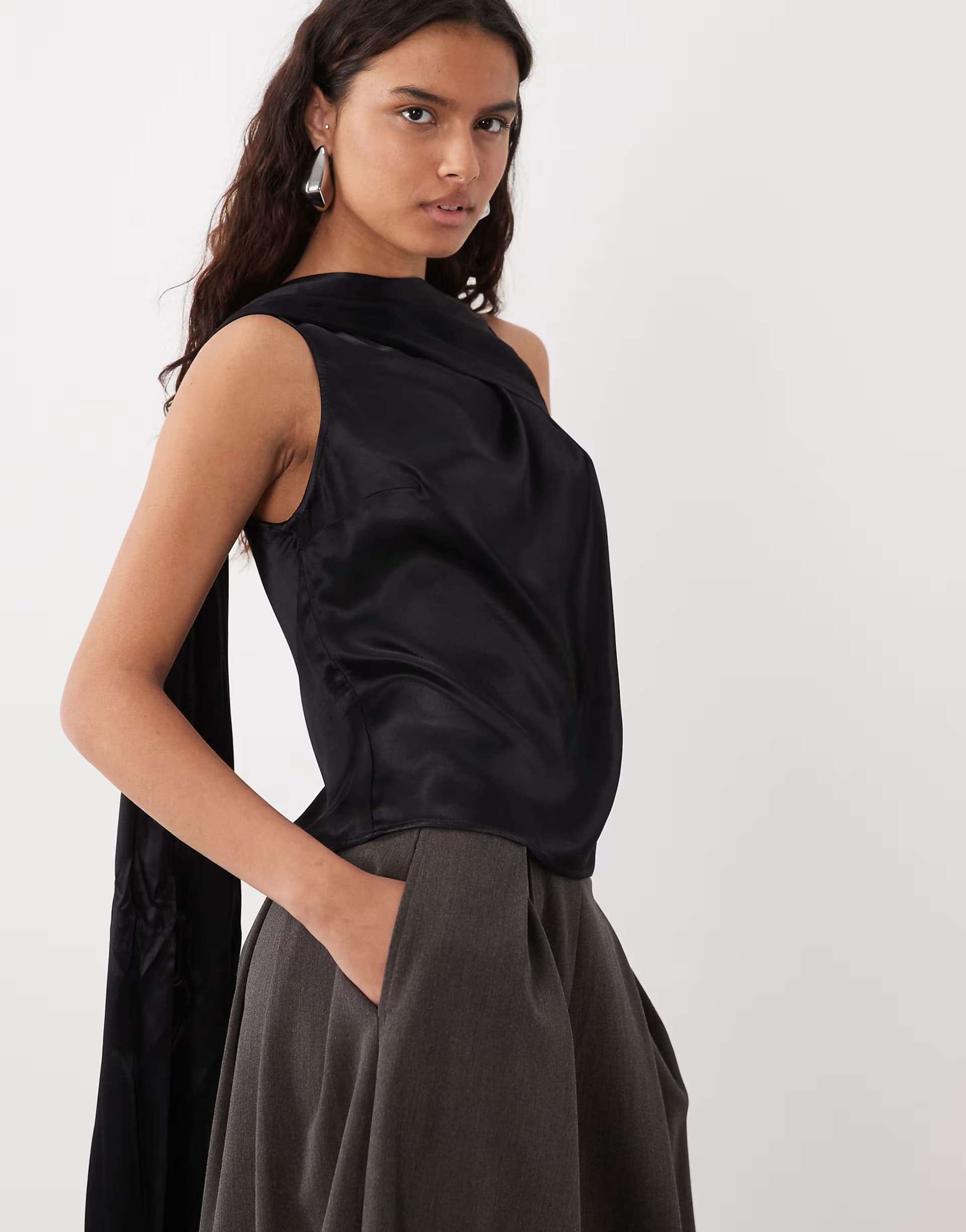 ASOS ASOS DESIGN satin draped scarf detail top in black