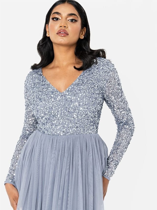 Maya Deluxe Maya Deluxe Women's V Neck Embellished Long Sleeve Maxi Dress in Blue - 2