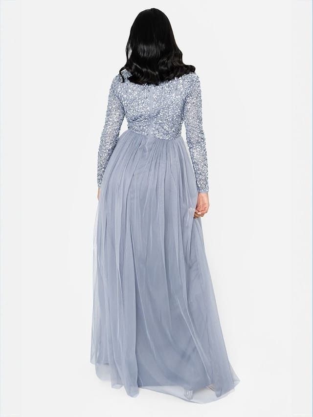 Maya Deluxe Maya Deluxe Women's V Neck Embellished Long Sleeve Maxi Dress in Blue - 3