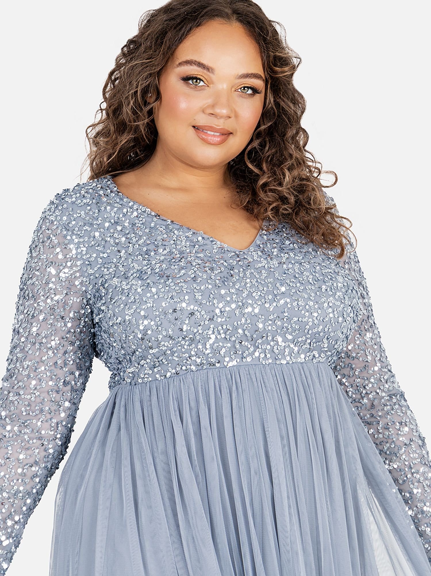 Maya Deluxe Maya Deluxe Women's V Neck Embellished Long Sleeve Maxi Dress in Blue - 4