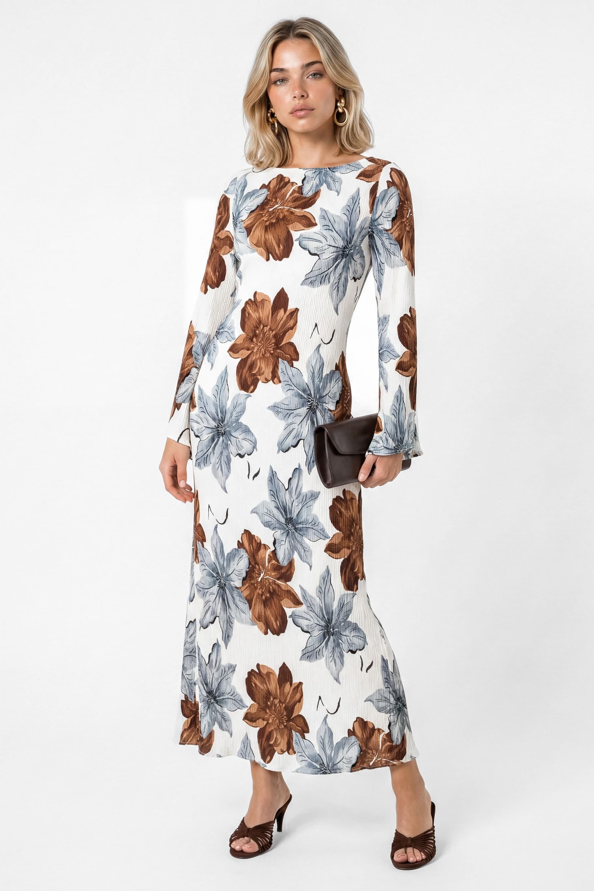 Lovedrobe Lovedrobe Women's Floral Print Trumpet Sleeve Plisse Column Midaxi Dress in White