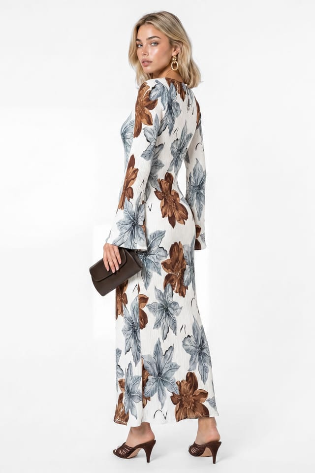 Lovedrobe Lovedrobe Women's Floral Print Trumpet Sleeve Plisse Column Midaxi Dress in White - 2